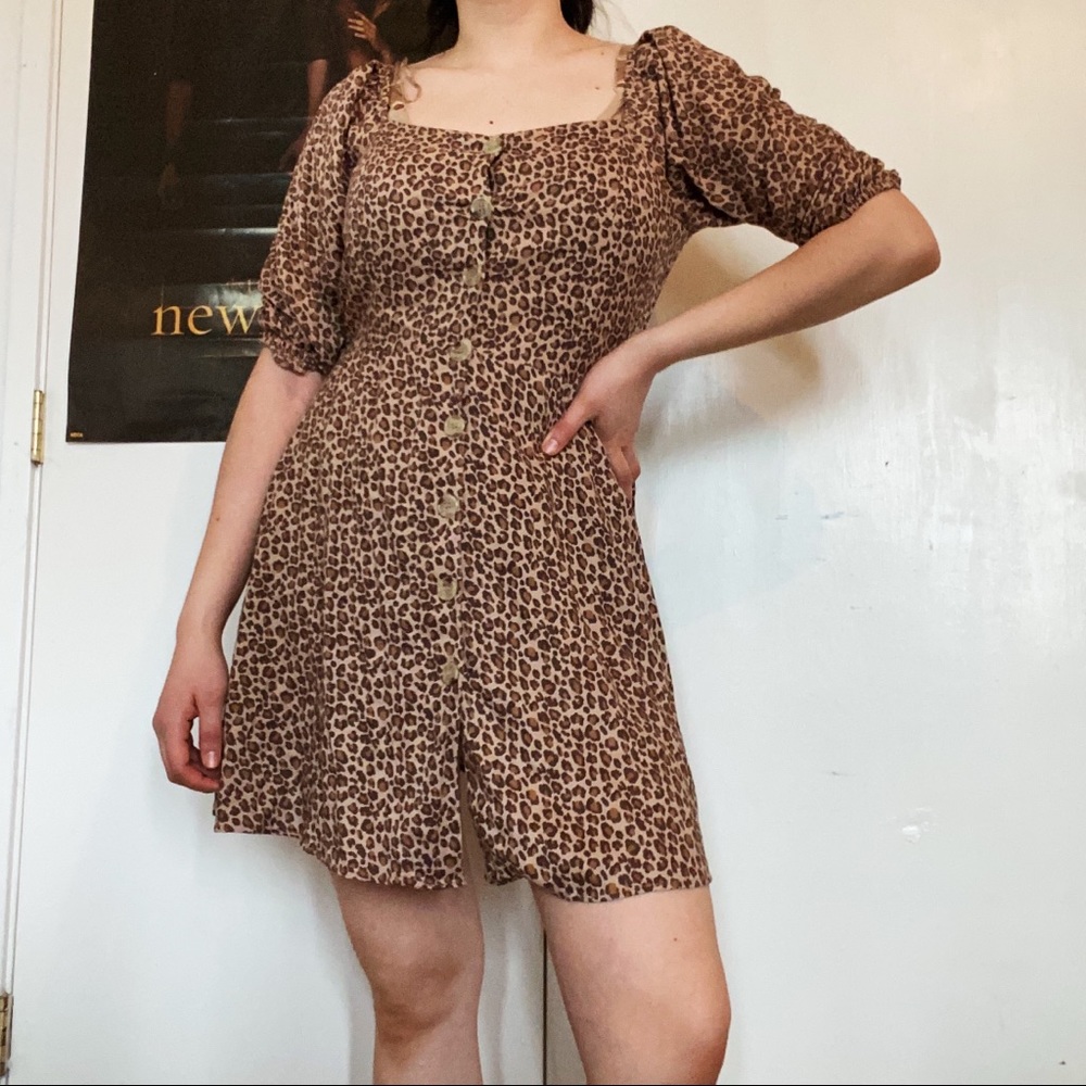 Cheetah Print Puff Sleeve Button Down Mini Dress